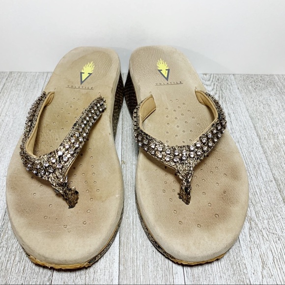 Snakeskin Print Rhinestone Wedges Thong Sandals - Picture 3 of 5